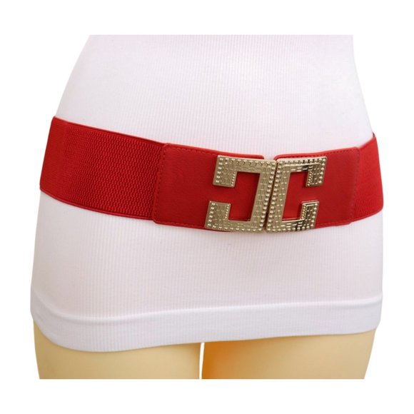 Women Red Elastic Hip High Waist Fashion Belt Big Gold Metal C Buckle Size S M - Picture 6 of 17